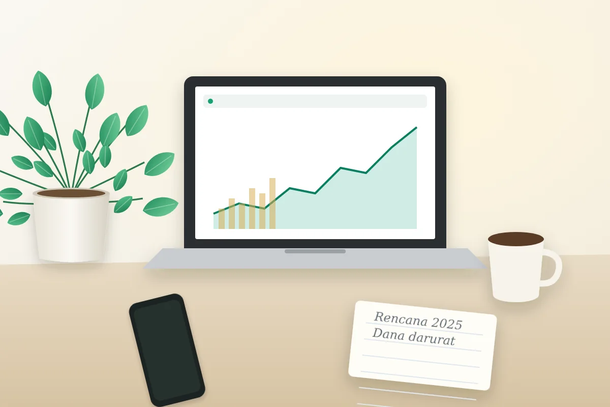 Ilustrasi meja kerja dengan laptop yang menampilkan grafik pertumbuhan dana